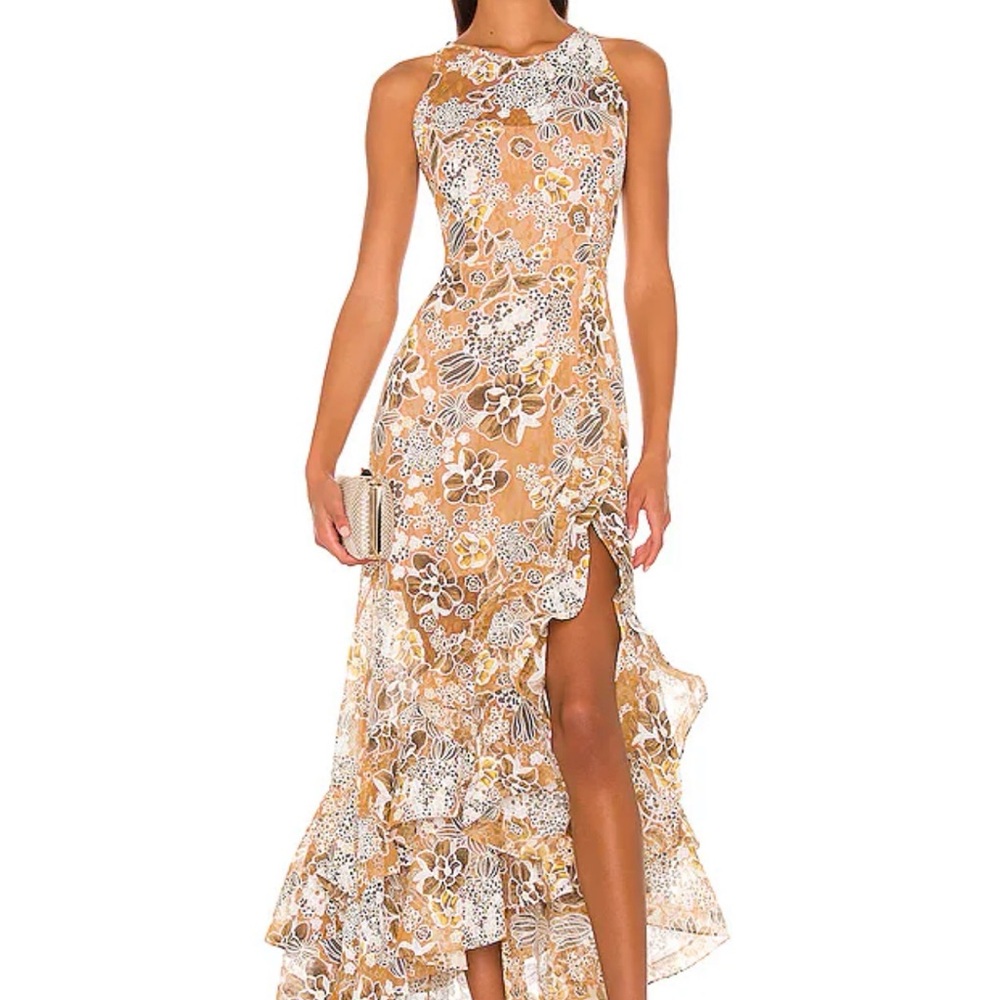 Bronx and Banco Tan and White Floral High-Low Maxi Dress
